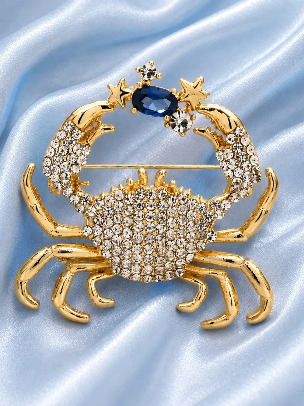 Anthropologie Gold Crab Brooch with Blue and Clear Crystals